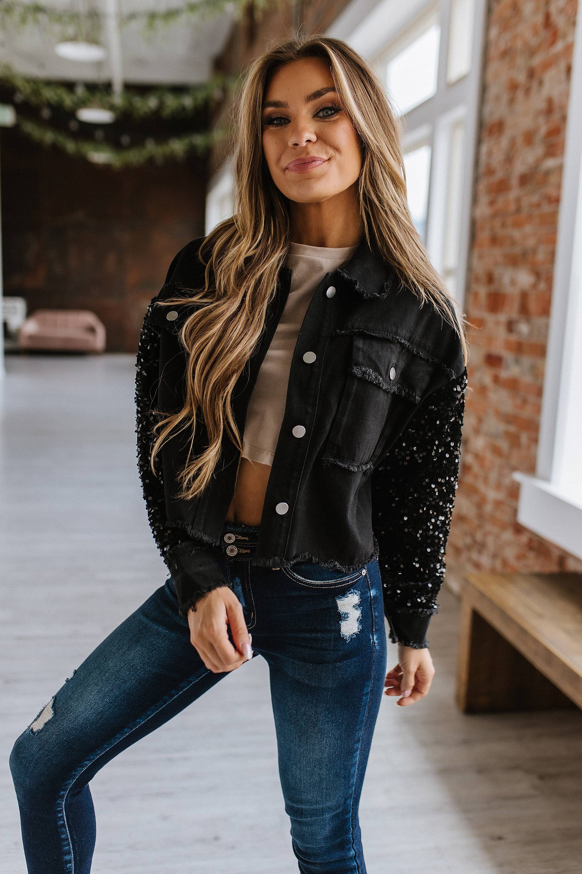 sequin dress denim jacket Unleash your inner style rebel with the Anori Jacket and Dress combo. A color-blocked denim jacket with sequin-touched tweed, raw fringe edges, and tailored perfection, paired with a mini tube dress that