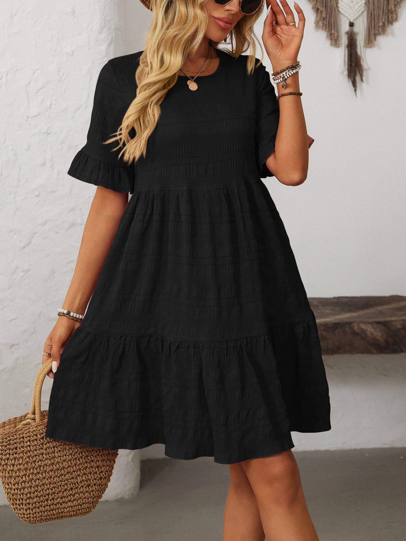 Women Ruffle Sleeve A Line Tiered Flowy Casual Trendy Mini Dress: Bean paste powder / 100% Polyester / 2XL