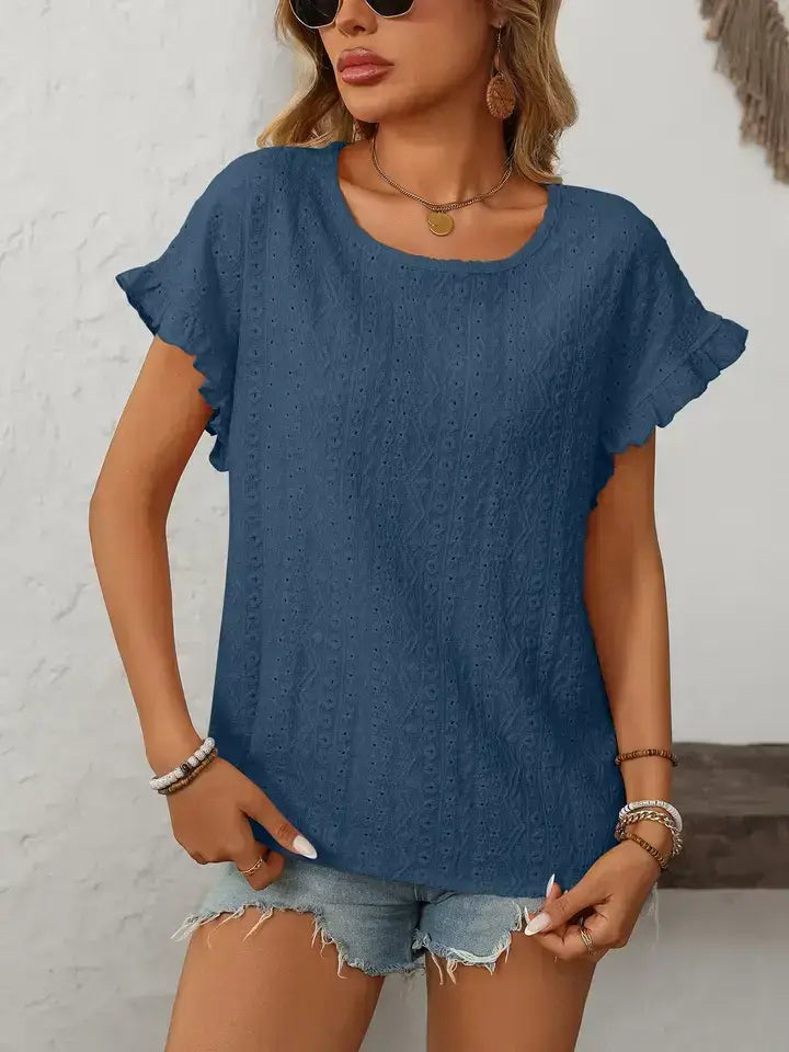 Light Blue Hollow-Out Crewneck Short Sleeve Summer Top: Turquoise blue / 65%Polyester+30%Viscose+5%Elastane / XL