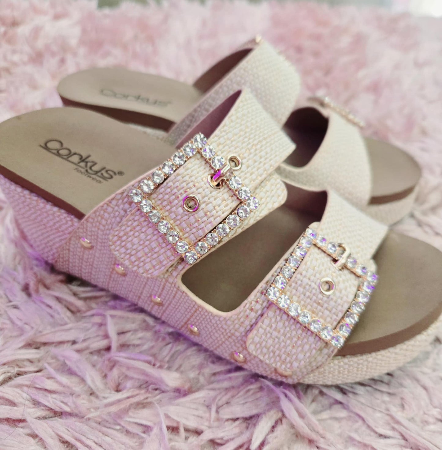 Corky's Main Squeeze Memory Foam Wedge Sandal in Raffia Rhinestone