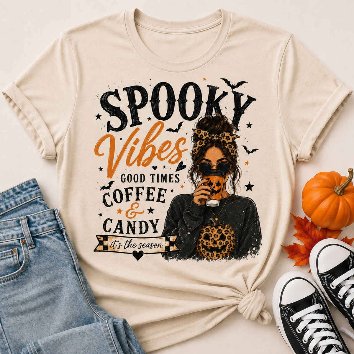 Spooky Vibes Halloween graphic crewneck T-shirt featuring coffee, candy, pumpkins and leopard print