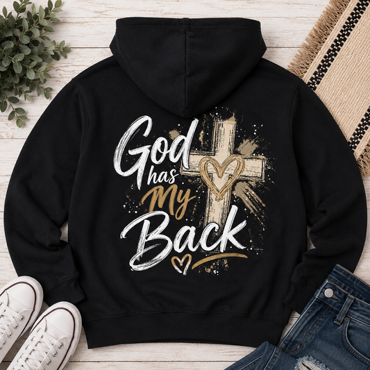 Back: Black God Has My Back hoodie with a large white and brown cross graphic and distressed faith-inspired design.