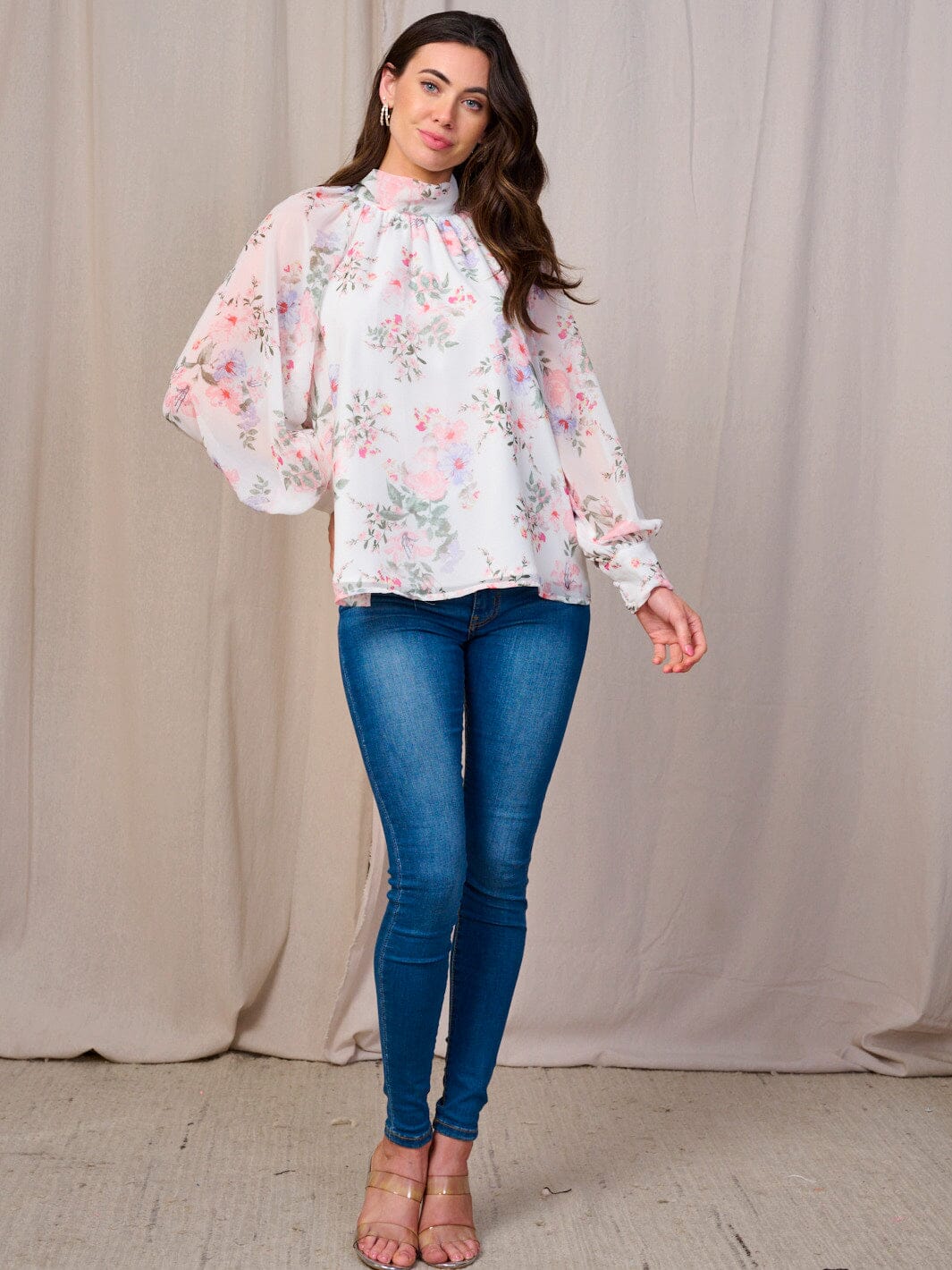 Floral with Flow Sheer Sleeve Tunic with Tie Neck
