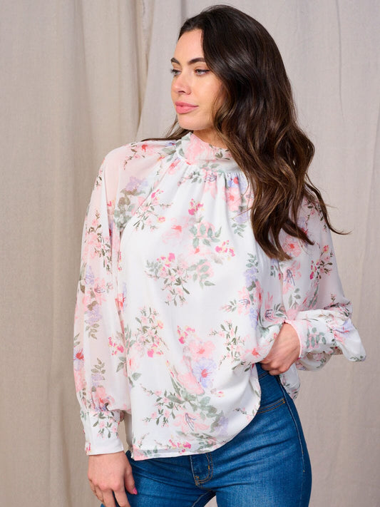 Floral with Flow Sheer Sleeve Tunic with Tie Neck