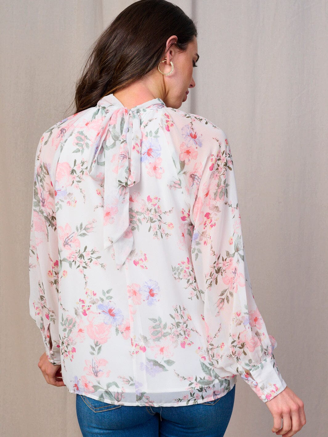 Floral with Flow Sheer Sleeve Tunic with Tie Neck