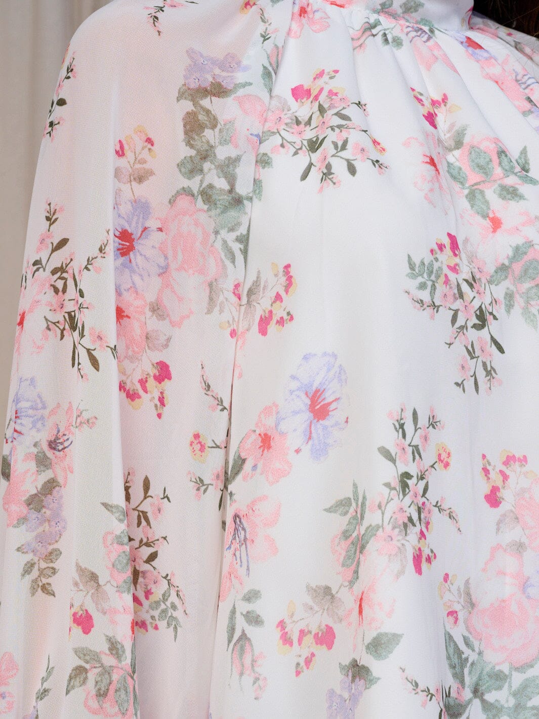 Floral with Flow Sheer Sleeve Tunic with Tie Neck