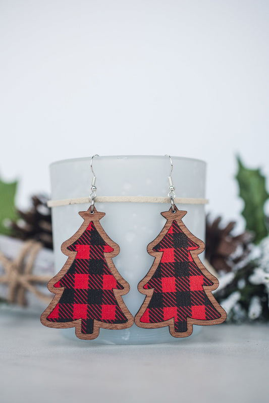 Red Buffalo Check Christmas Tree Wood Dangle Earrings