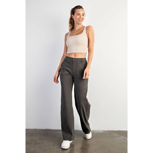 Triple Stretch Cotton Twill Wide Leg Trousers in Olive
