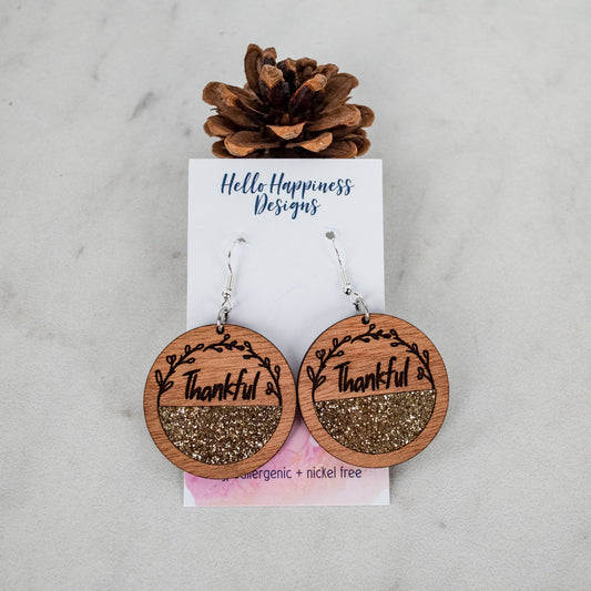 Thankful Gold Glitter Acrylic Inset Circle Dangles - Fall