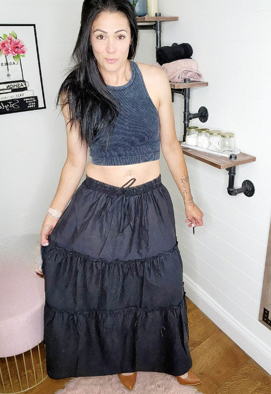 Acid Washed Ruffle Maxi Skirt - Black