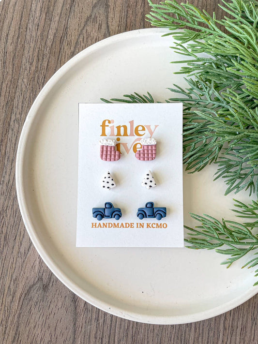 Christmas Stud Pack | Classic Blue Truck | Clay Earrings: Gold Findings