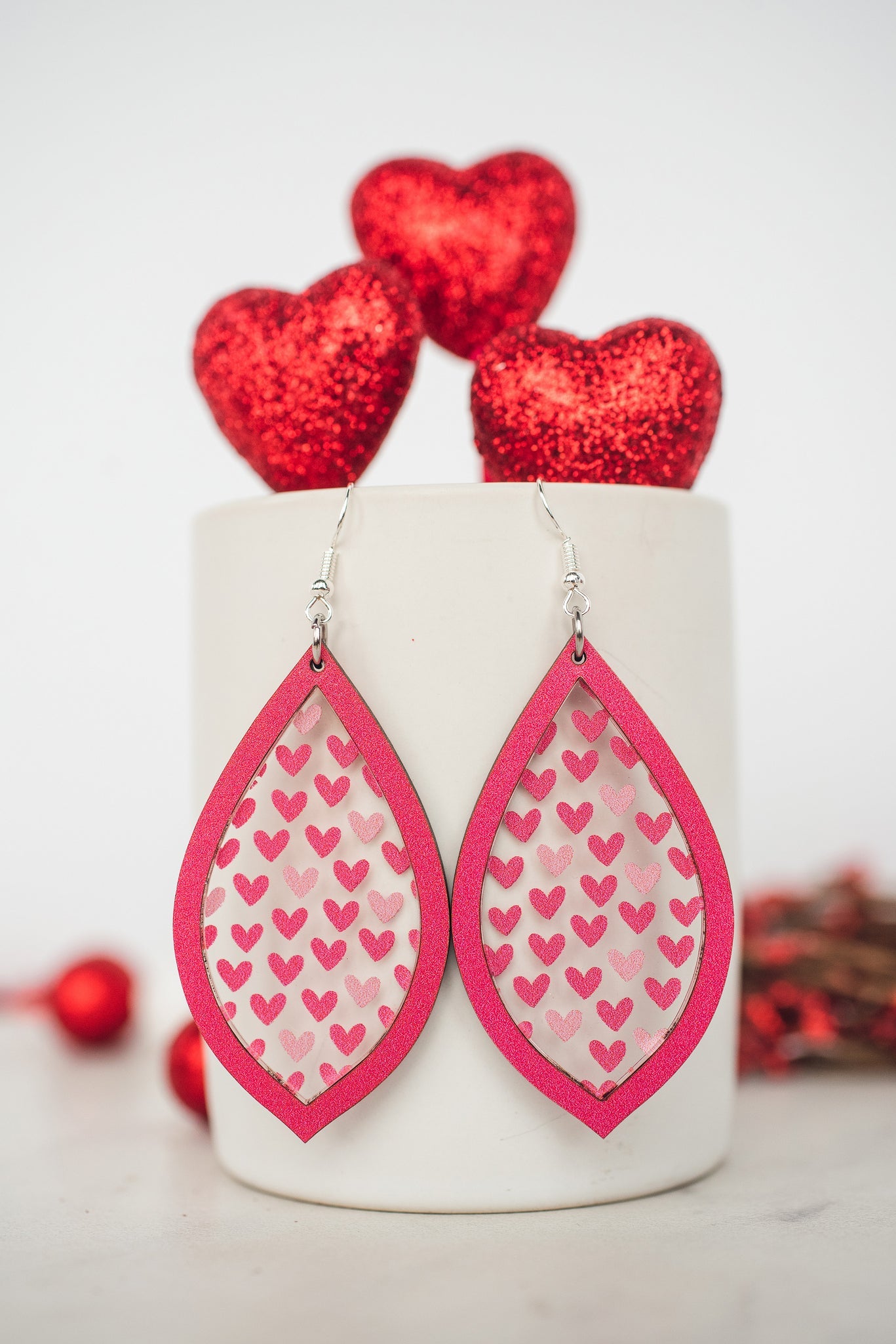 Pink Heart Acrylic Teardrop Inset Dangles - So in Love Collection